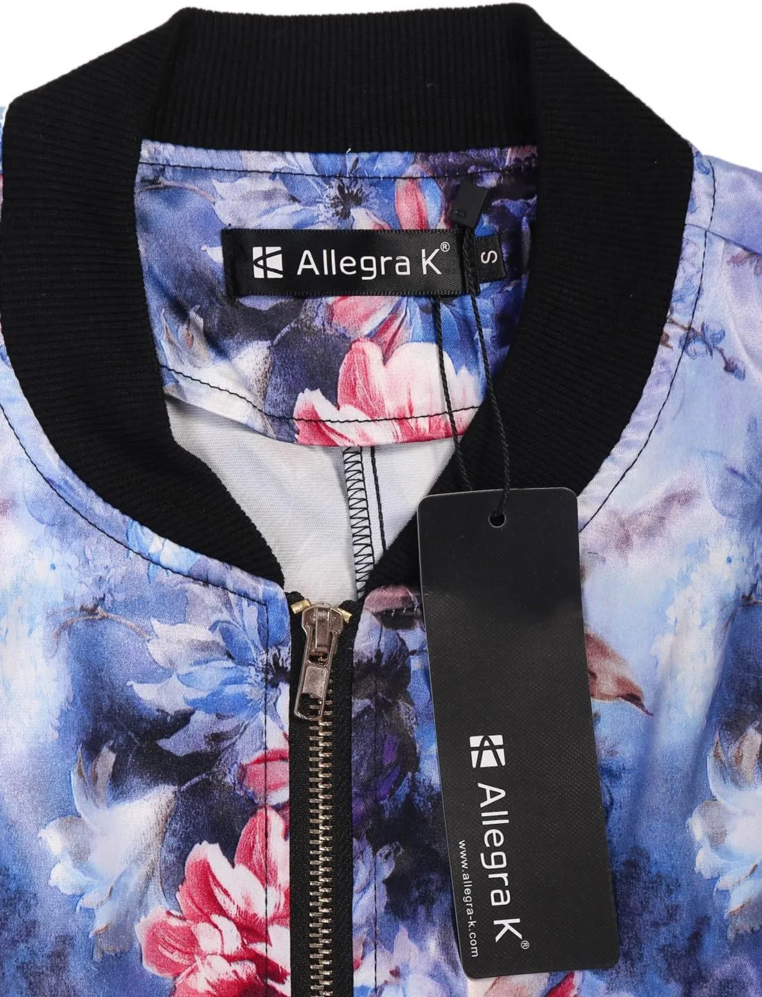 Allegra K Women's Winter Bomber Jacket Long Sleeve Stand Collar Zipper Floral Print Jacket with Pockets