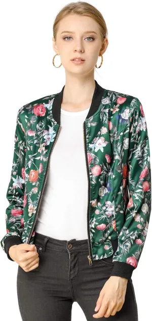 Allegra K Women's Winter Bomber Jacket Long Sleeve Stand Collar Zipper Floral Print Jacket with Pockets