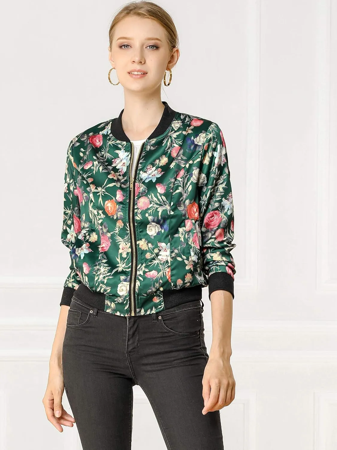 Allegra K Women's Winter Bomber Jacket Long Sleeve Stand Collar Zipper Floral Print Jacket with Pockets