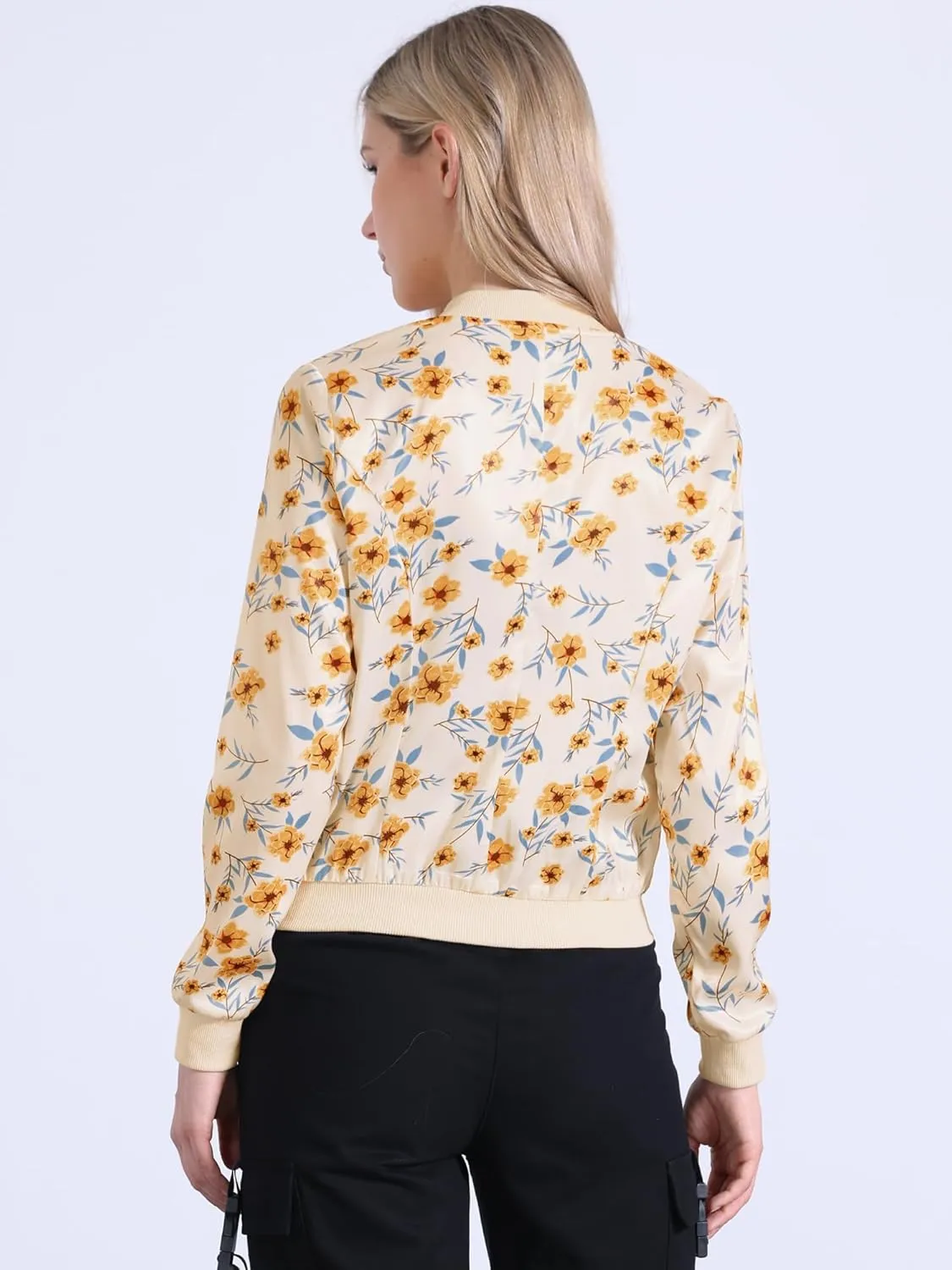 Allegra K Women's Winter Bomber Jacket Long Sleeve Stand Collar Zipper Floral Print Jacket with Pockets