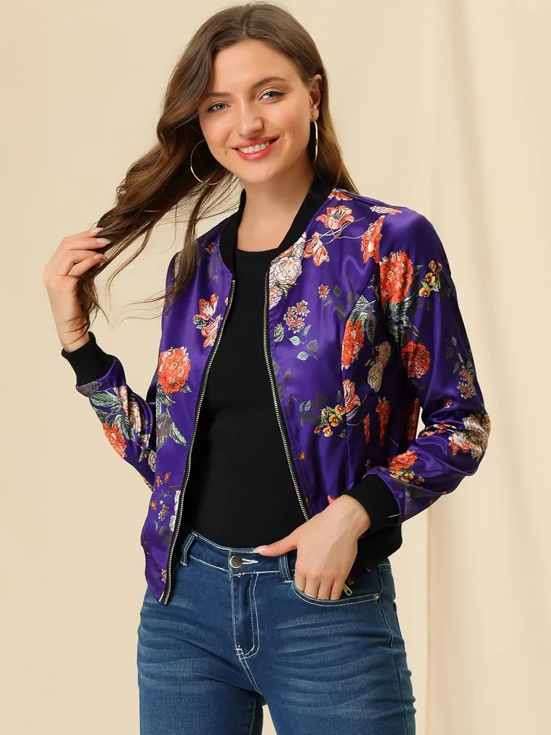 Allegra K Women's Winter Bomber Jacket Long Sleeve Stand Collar Zipper Floral Print Jacket with Pockets