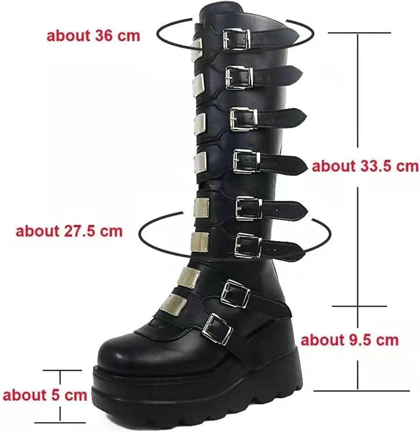 AMAZIDEAL Women's Leather Platform Goth Knee High Boots,Fashion Round Toe Back Zipper Buckle Straps Motorcycle Boots,Comfortable Non-Slip High Wedge Punk Combat Boots