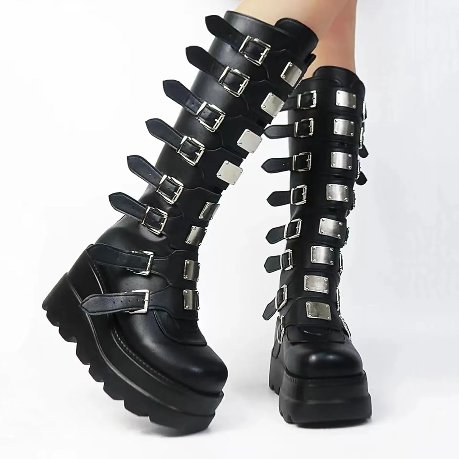 AMAZIDEAL Women's Leather Platform Goth Knee High Boots,Fashion Round Toe Back Zipper Buckle Straps Motorcycle Boots,Comfortable Non-Slip High Wedge Punk Combat Boots