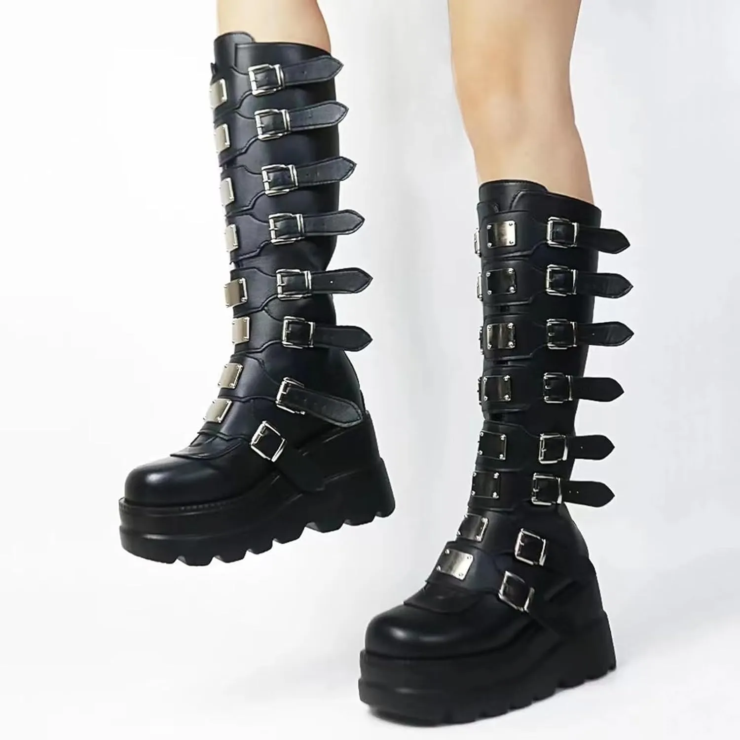 AMAZIDEAL Women's Leather Platform Goth Knee High Boots,Fashion Round Toe Back Zipper Buckle Straps Motorcycle Boots,Comfortable Non-Slip High Wedge Punk Combat Boots