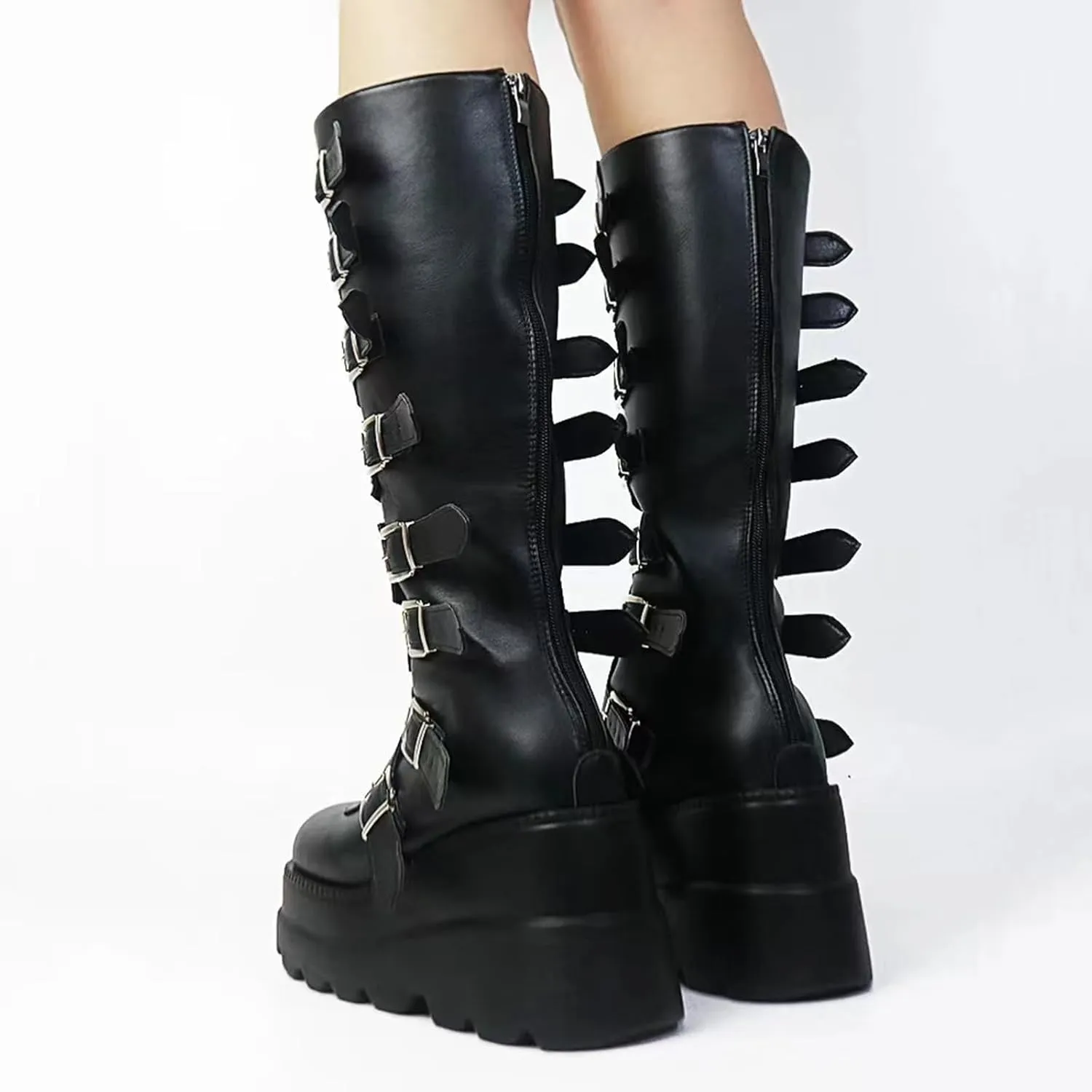 AMAZIDEAL Women's Leather Platform Goth Knee High Boots,Fashion Round Toe Back Zipper Buckle Straps Motorcycle Boots,Comfortable Non-Slip High Wedge Punk Combat Boots