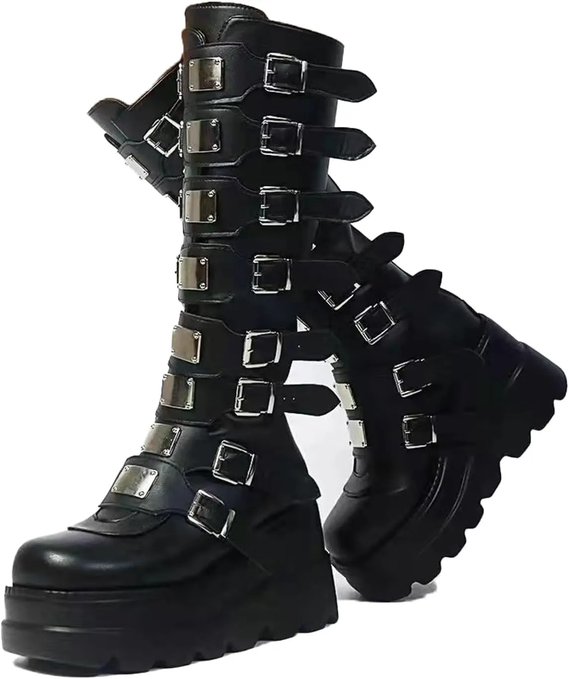 AMAZIDEAL Women's Leather Platform Goth Knee High Boots,Fashion Round Toe Back Zipper Buckle Straps Motorcycle Boots,Comfortable Non-Slip High Wedge Punk Combat Boots