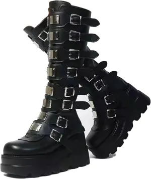 AMAZIDEAL Women's Leather Platform Goth Knee High Boots,Fashion Round Toe Back Zipper Buckle Straps Motorcycle Boots,Comfortable Non-Slip High Wedge Punk Combat Boots