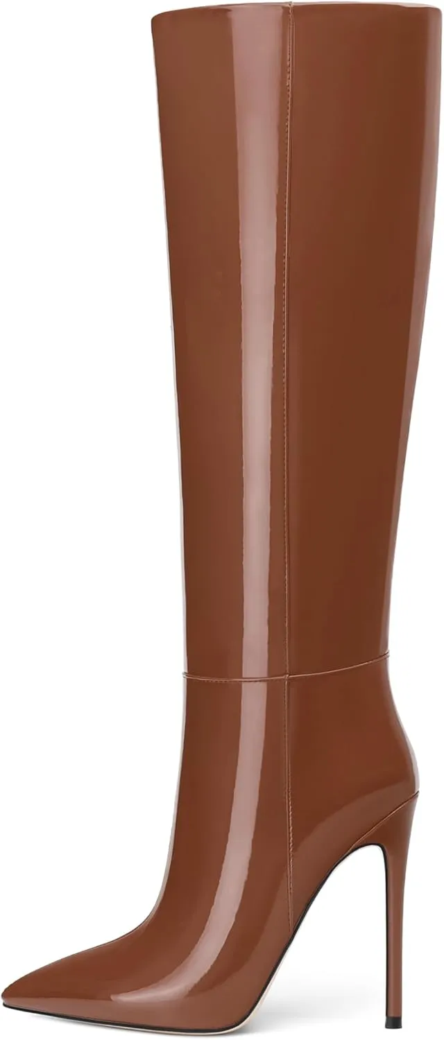 AMBELIGHT Knee High Boots for Women Stiletto Heel Patent Pointed Toe Pull On Long Boots Elegant Sexy Fashion Fall Winter Tall Boots 4.8 Inch