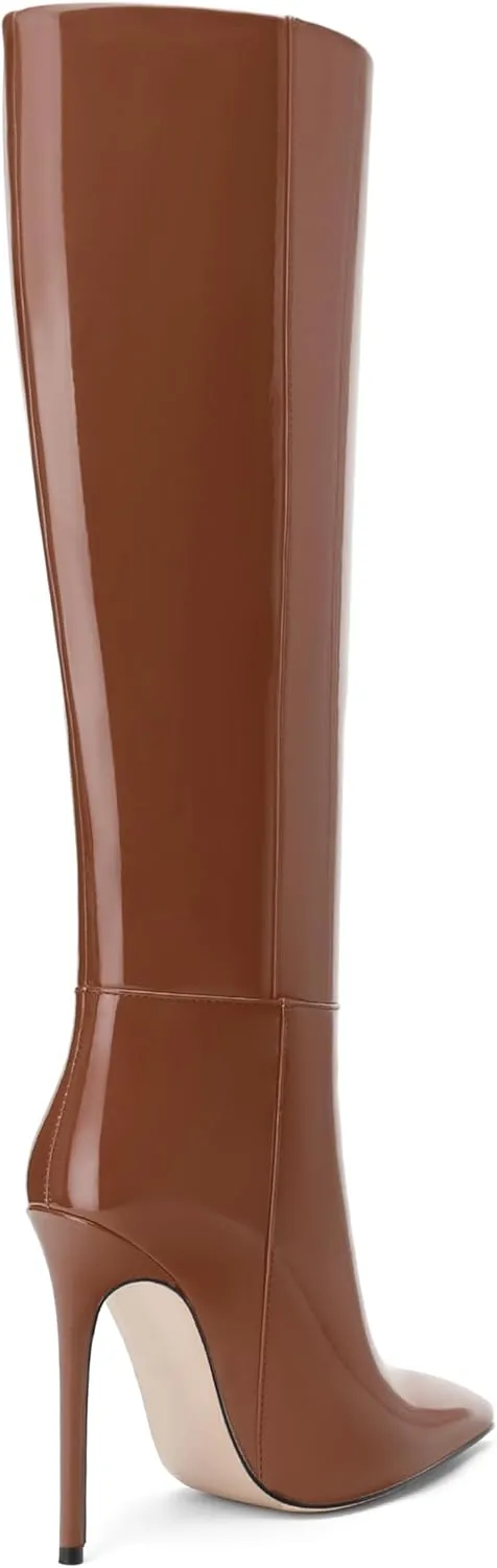 AMBELIGHT Knee High Boots for Women Stiletto Heel Patent Pointed Toe Pull On Long Boots Elegant Sexy Fashion Fall Winter Tall Boots 4.8 Inch