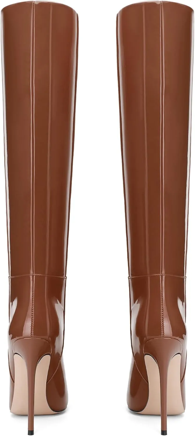AMBELIGHT Knee High Boots for Women Stiletto Heel Patent Pointed Toe Pull On Long Boots Elegant Sexy Fashion Fall Winter Tall Boots 4.8 Inch