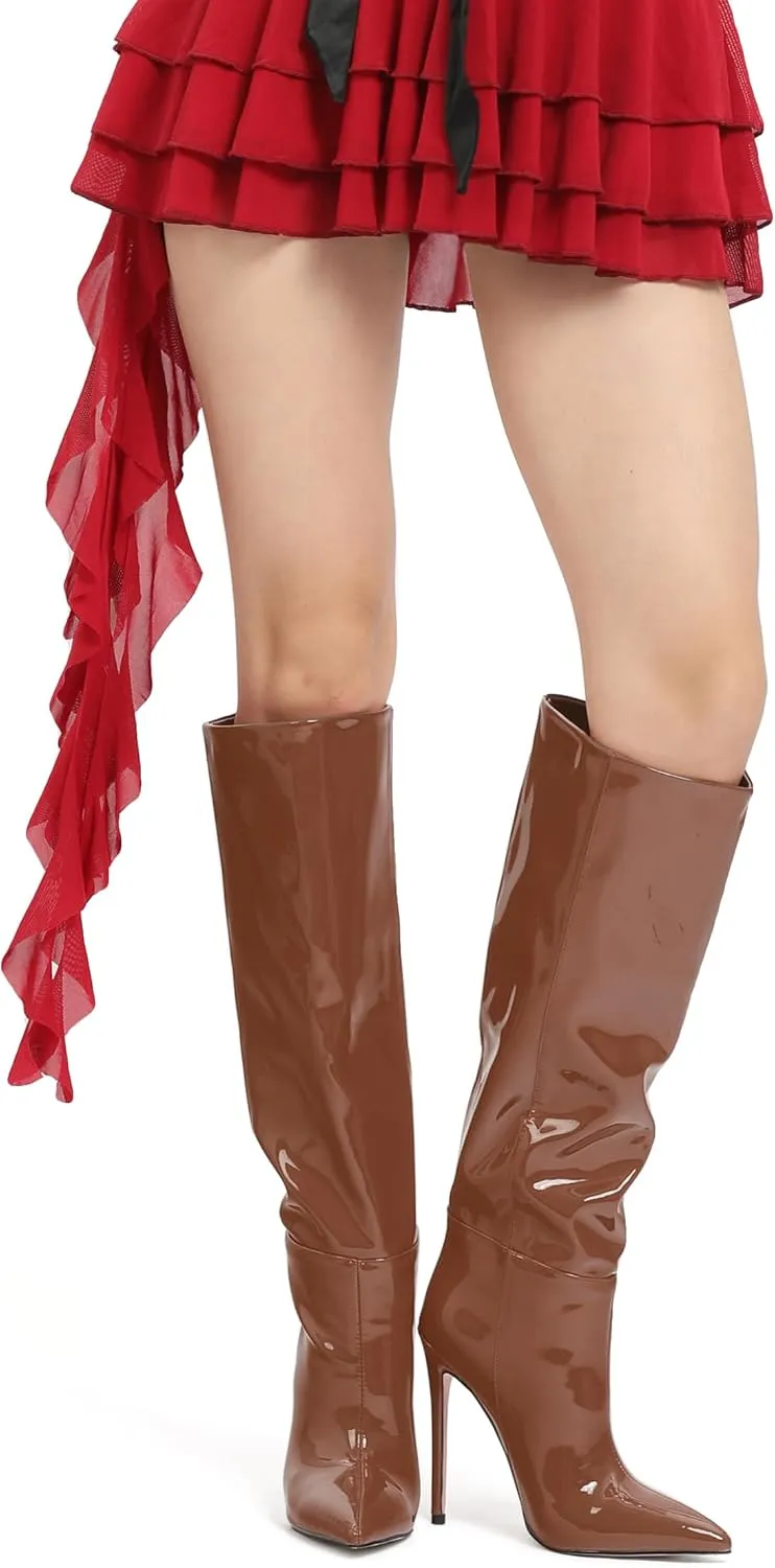 AMBELIGHT Knee High Boots for Women Stiletto Heel Patent Pointed Toe Pull On Long Boots Elegant Sexy Fashion Fall Winter Tall Boots 4.8 Inch
