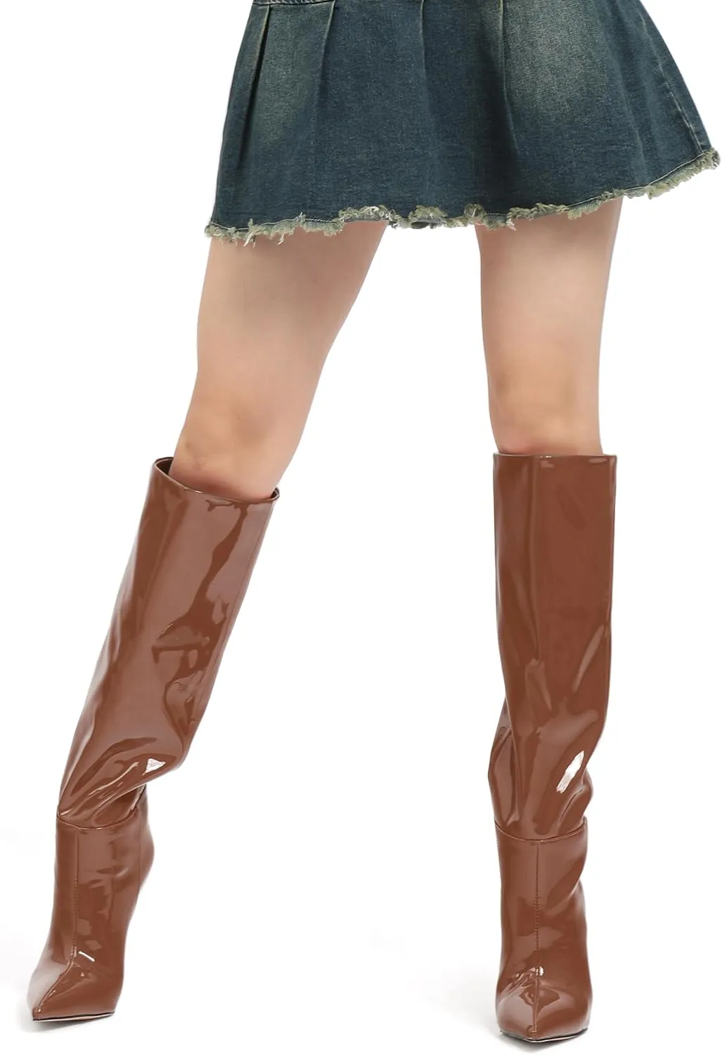 AMBELIGHT Knee High Boots for Women Stiletto Heel Patent Pointed Toe Pull On Long Boots Elegant Sexy Fashion Fall Winter Tall Boots 4.8 Inch