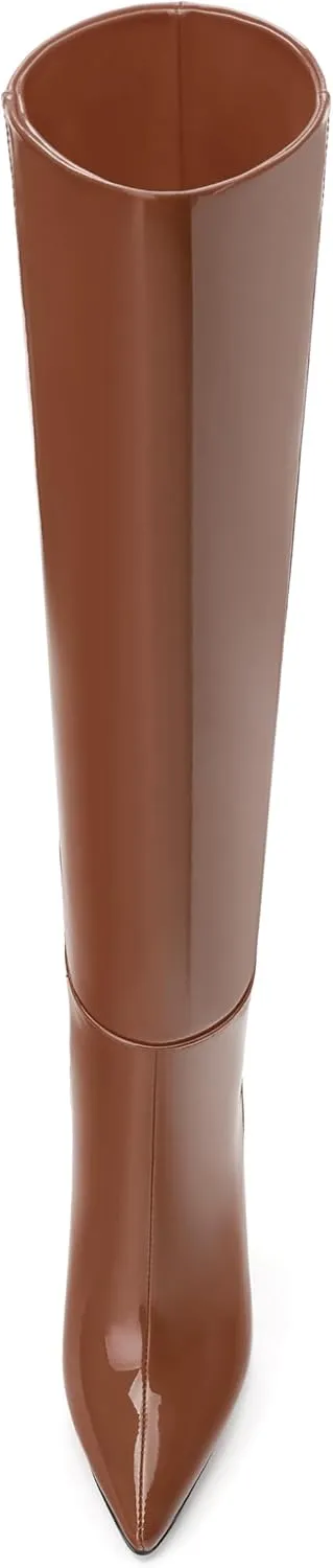 AMBELIGHT Knee High Boots for Women Stiletto Heel Patent Pointed Toe Pull On Long Boots Elegant Sexy Fashion Fall Winter Tall Boots 4.8 Inch