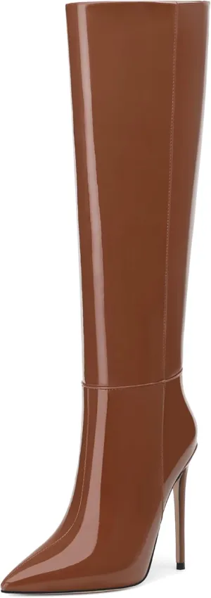 AMBELIGHT Knee High Boots for Women Stiletto Heel Patent Pointed Toe Pull On Long Boots Elegant Sexy Fashion Fall Winter Tall Boots 4.8 Inch
