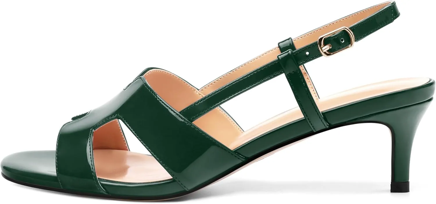 AMBELIGHT Womens Dressy Heels Buckle Dating Patent Slingback Pumps Open Toe Kitten Low Heel Heeled Sandals 2 Inch
