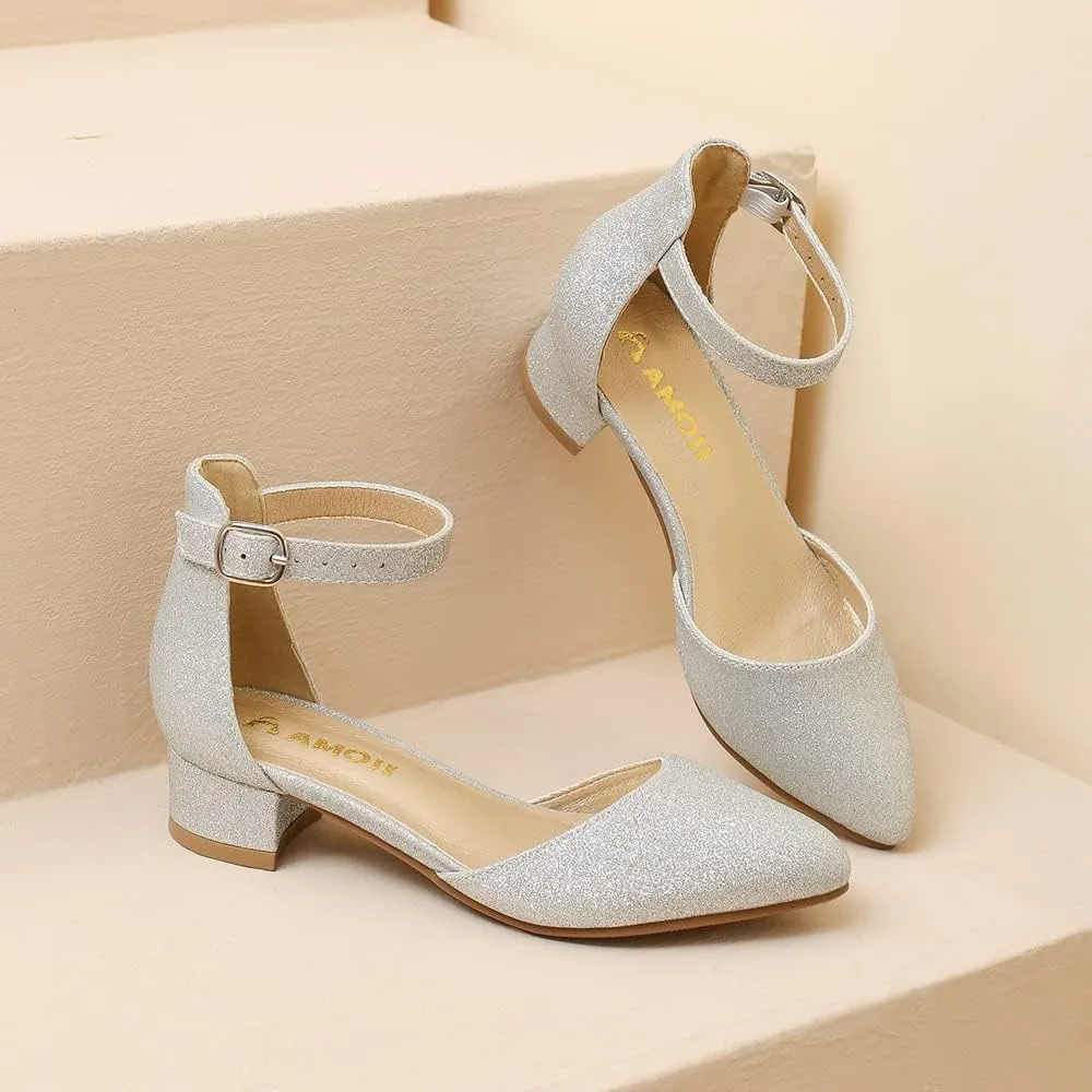 Amoji Girls High Heels Kid Ankle Strap Dress Shoes Wedding Party for Little Kid Big Kid 412