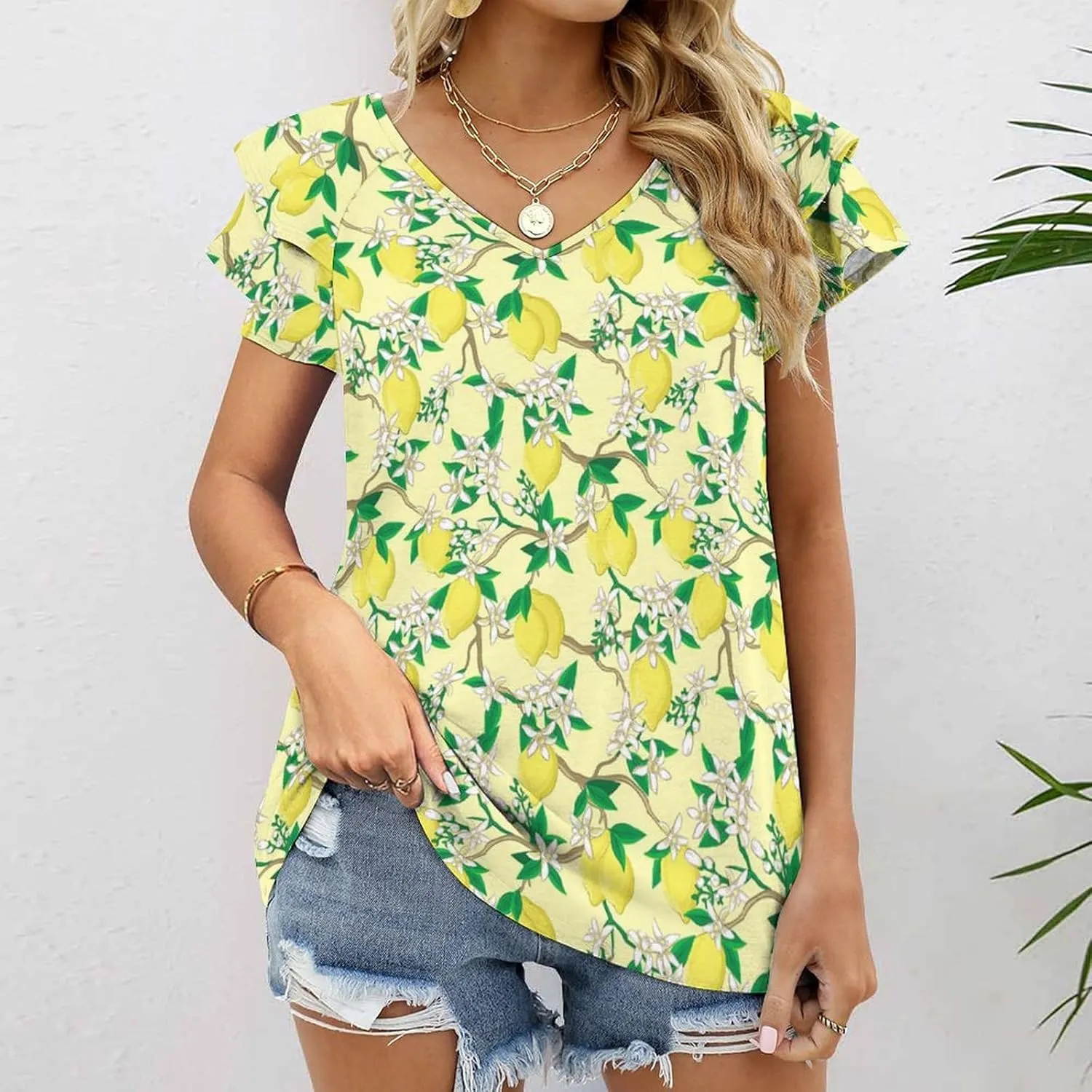 AMRANDOM Women's Casual Floral Print V Neck Ruffle Short Sleeve Summer Shirts Tops Loose Blouses