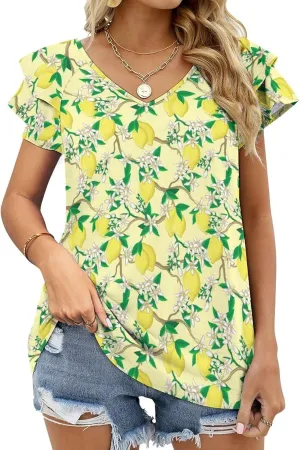 AMRANDOM Women's Casual Floral Print V Neck Ruffle Short Sleeve Summer Shirts Tops Loose Blouses