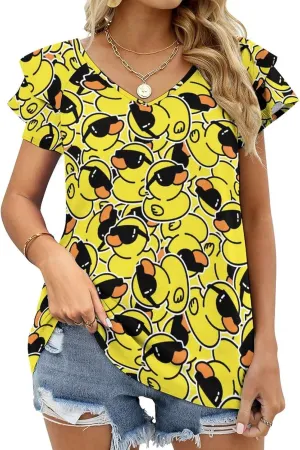 AMRANDOM Women's Casual Floral Print V Neck Ruffle Short Sleeve Summer Shirts Tops Loose Blouses