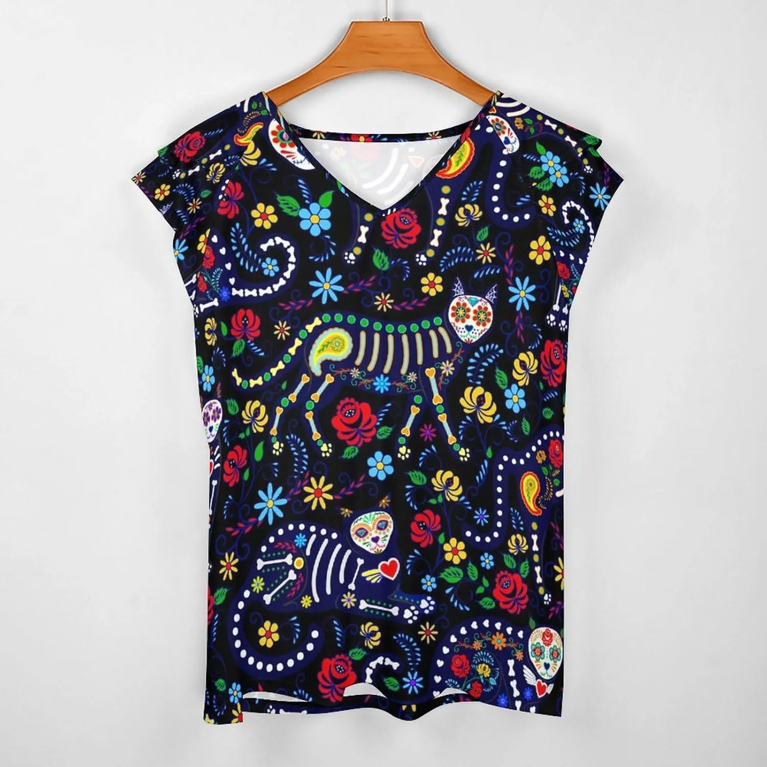 AMRANDOM Women's Casual Floral Print V Neck Ruffle Short Sleeve Summer Shirts Tops Loose Blouses