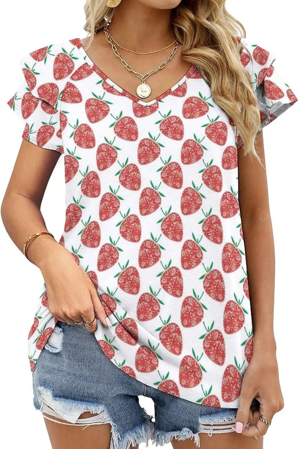 AMRANDOM Women's Casual Floral Print V Neck Ruffle Short Sleeve Summer Shirts Tops Loose Blouses