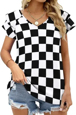 AMRANDOM Women's Casual Floral Print V Neck Ruffle Short Sleeve Summer Shirts Tops Loose Blouses
