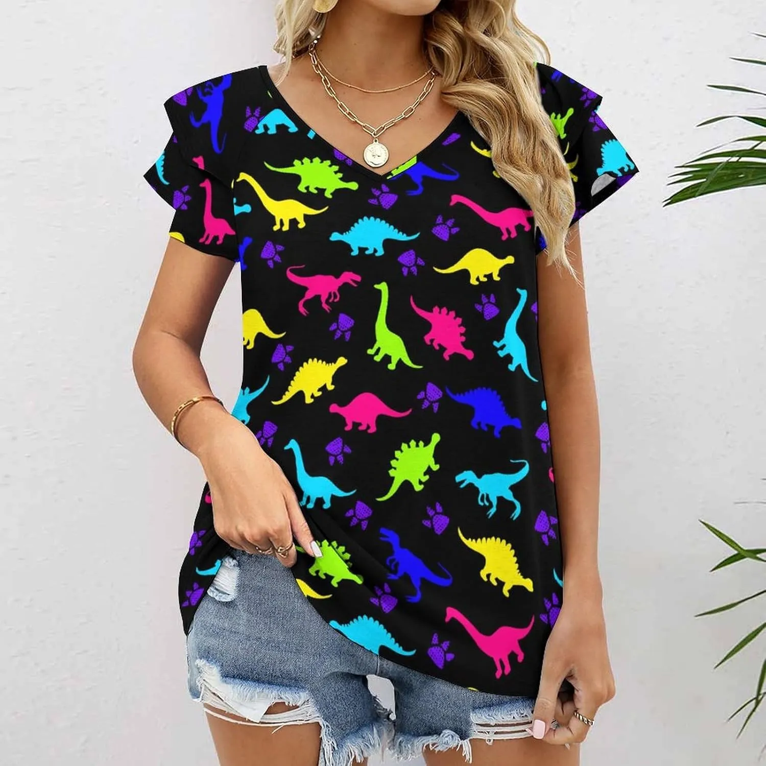 AMRANDOM Women's Casual Floral Print V Neck Ruffle Short Sleeve Summer Shirts Tops Loose Blouses