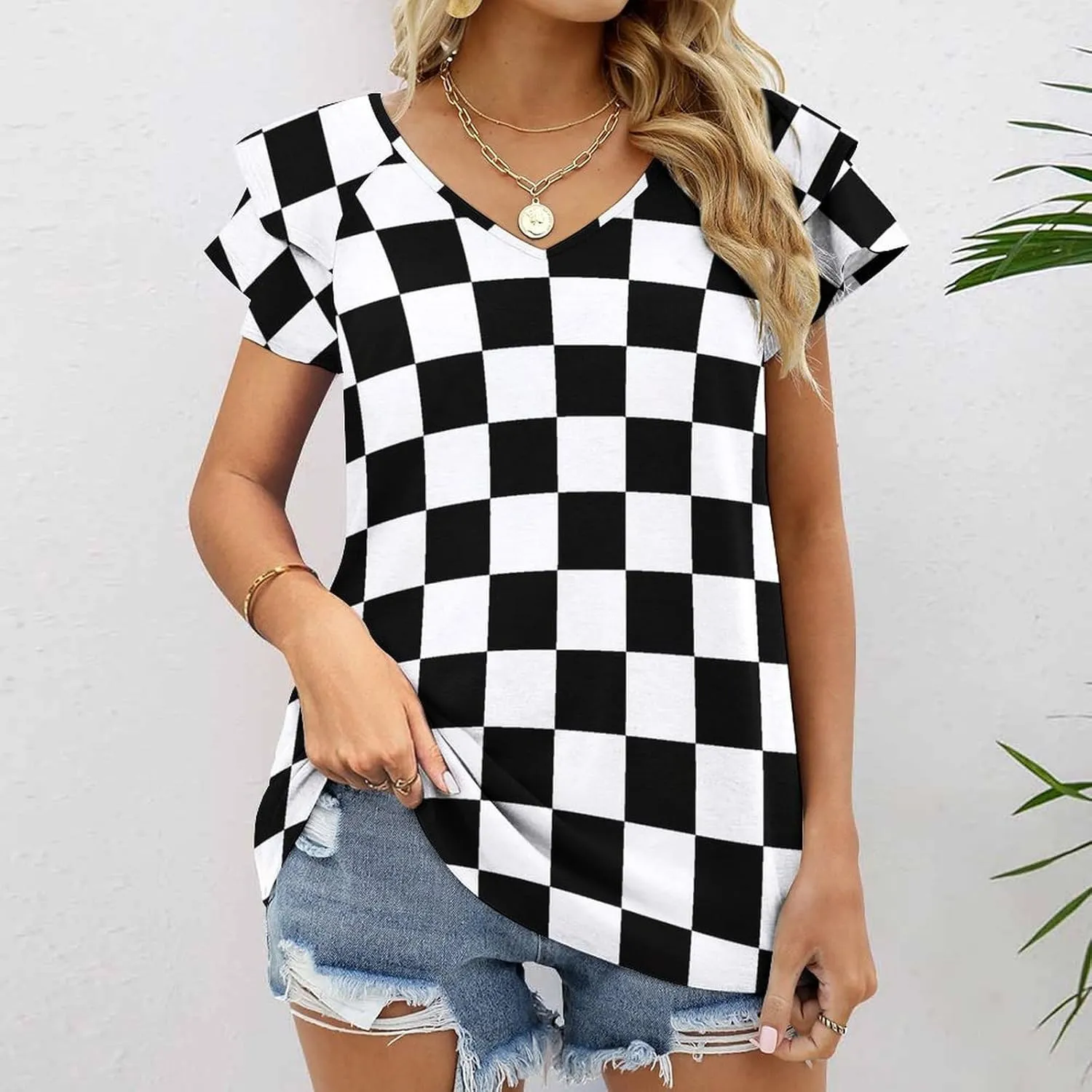 AMRANDOM Women's Casual Floral Print V Neck Ruffle Short Sleeve Summer Shirts Tops Loose Blouses