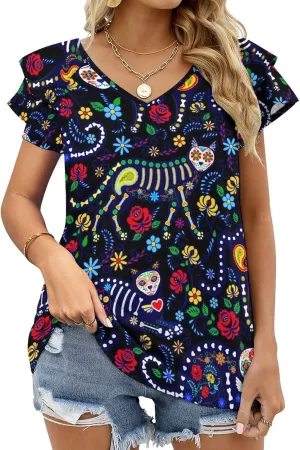 AMRANDOM Women's Casual Floral Print V Neck Ruffle Short Sleeve Summer Shirts Tops Loose Blouses