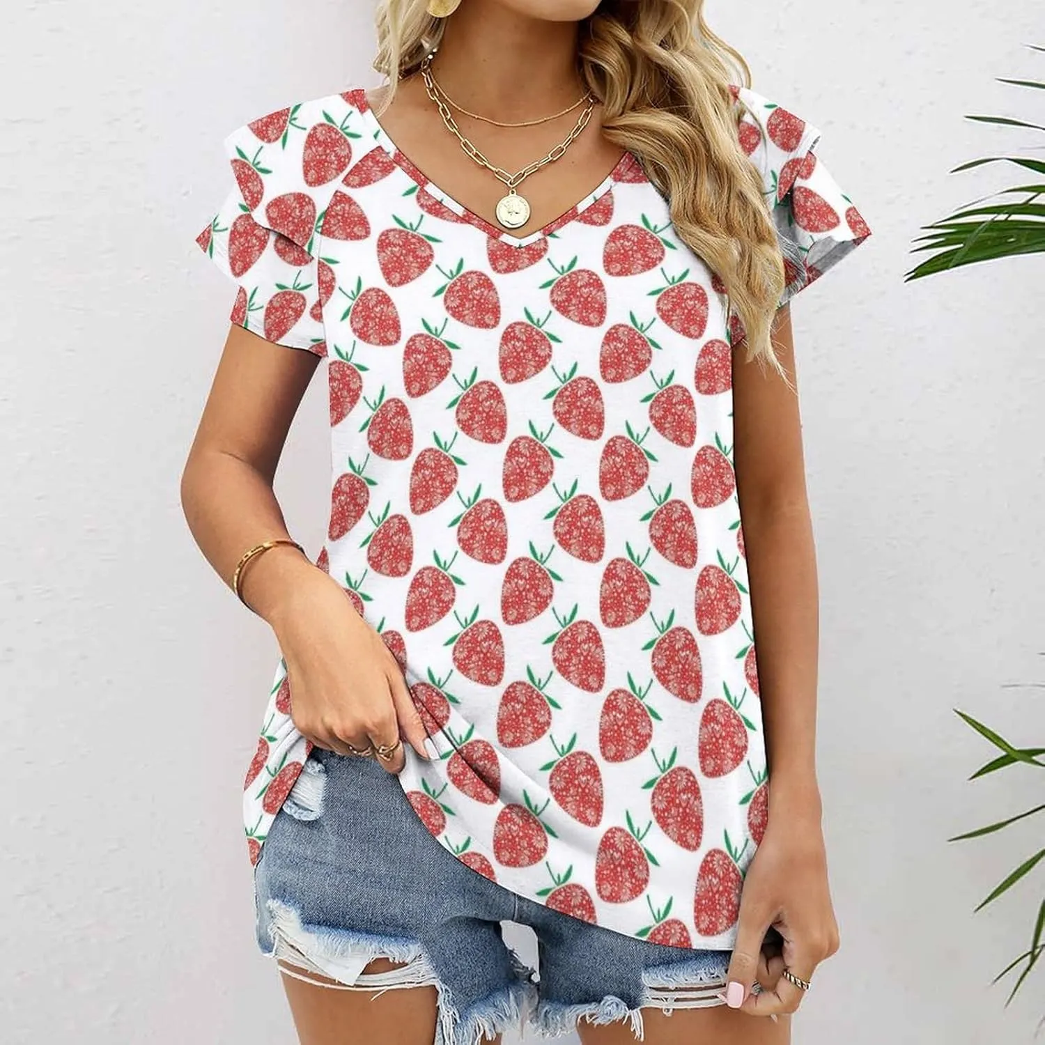 AMRANDOM Women's Casual Floral Print V Neck Ruffle Short Sleeve Summer Shirts Tops Loose Blouses