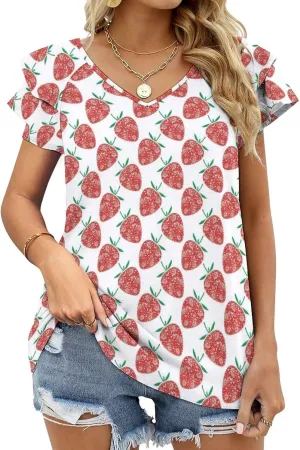 AMRANDOM Women's Casual Floral Print V Neck Ruffle Short Sleeve Summer Shirts Tops Loose Blouses