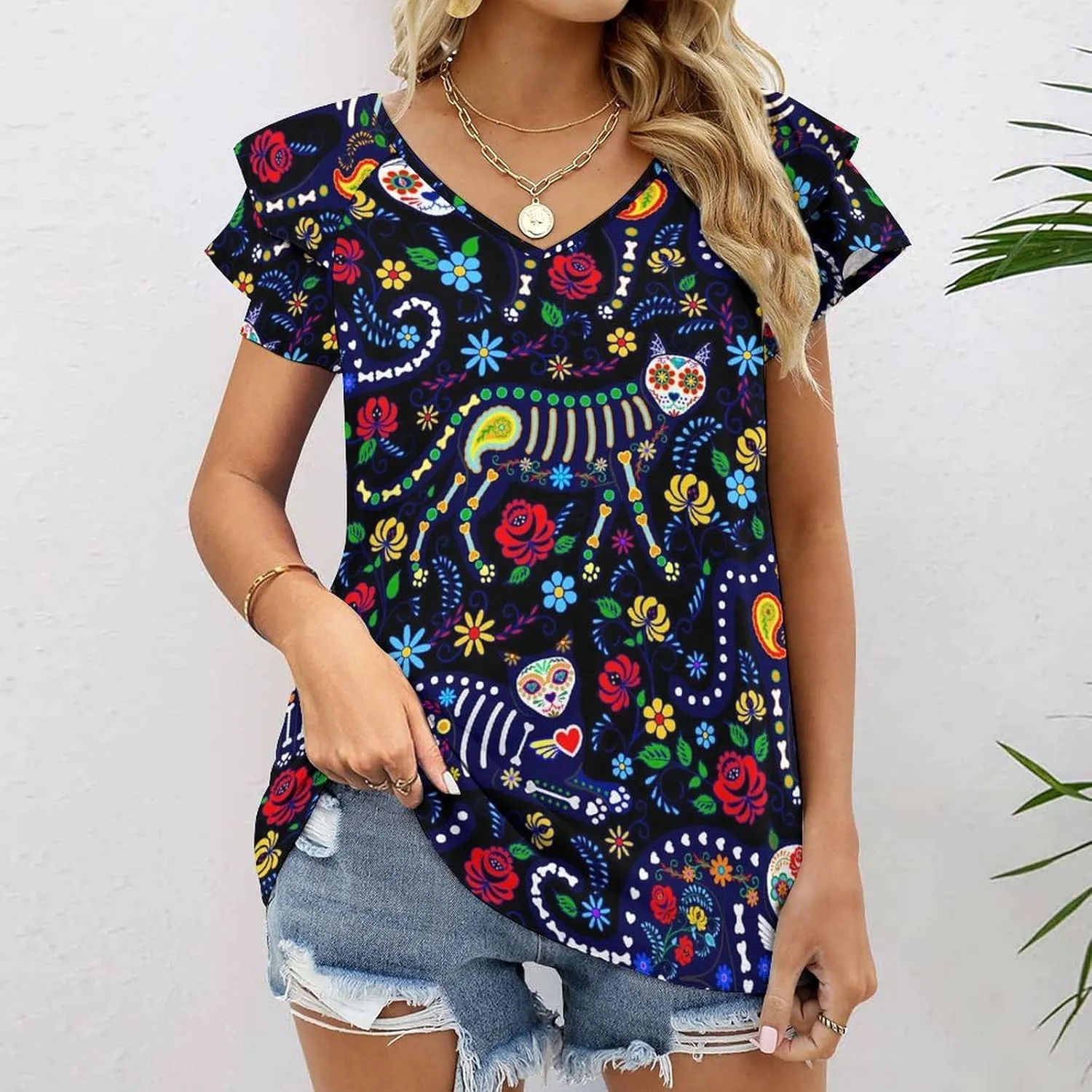 AMRANDOM Women's Casual Floral Print V Neck Ruffle Short Sleeve Summer Shirts Tops Loose Blouses
