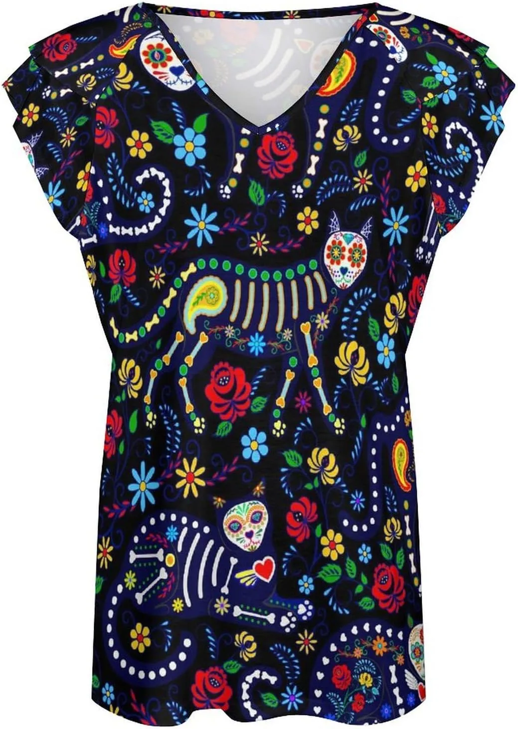 AMRANDOM Women's Casual Floral Print V Neck Ruffle Short Sleeve Summer Shirts Tops Loose Blouses