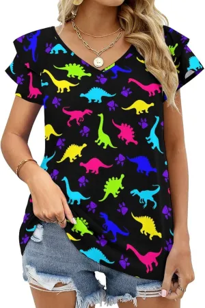 AMRANDOM Women's Casual Floral Print V Neck Ruffle Short Sleeve Summer Shirts Tops Loose Blouses