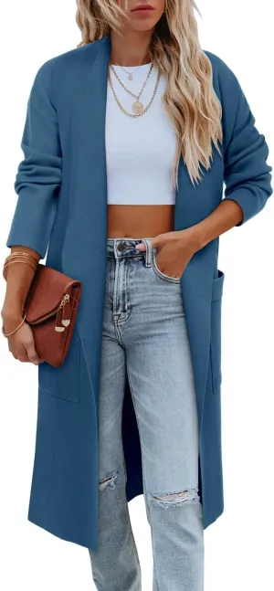 Angerella Women's Casual Long Sleeve Draped Open Front Knit Long Cardigan Sweater Outwear Coats with Pocket