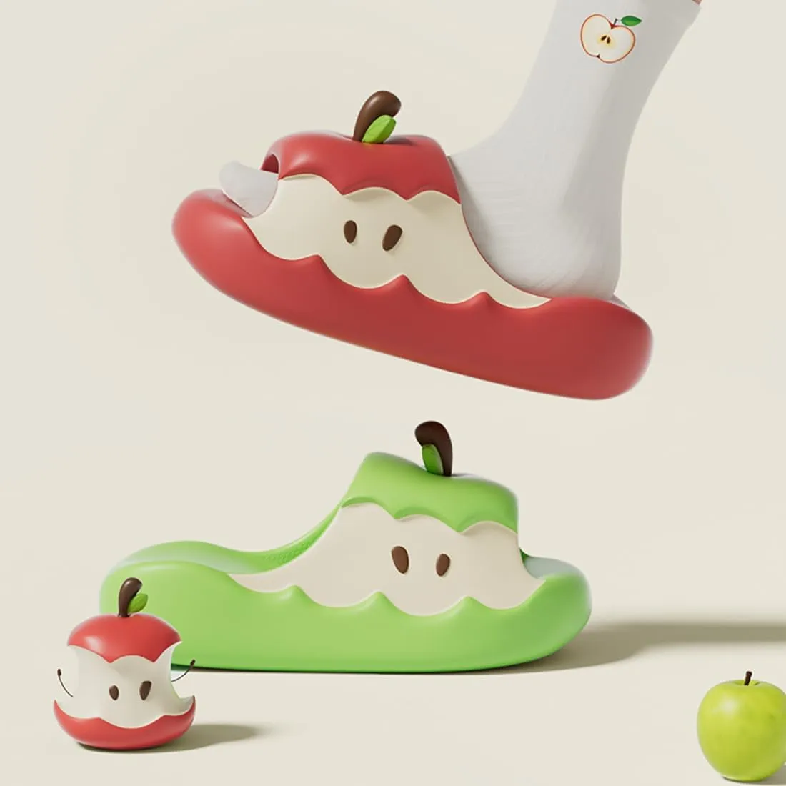 Apples Slippers for Women Men, Summer 3D Cute Cartoon Apples Shaped Fruit Slides Couple Beach Sandals