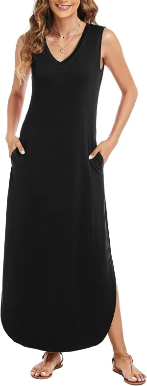 Arolina Maxi Dress for Women Tropical Summer V Neck Sleeveless Split Long Beach Dresses Casual Loose Sundress with Pockets
