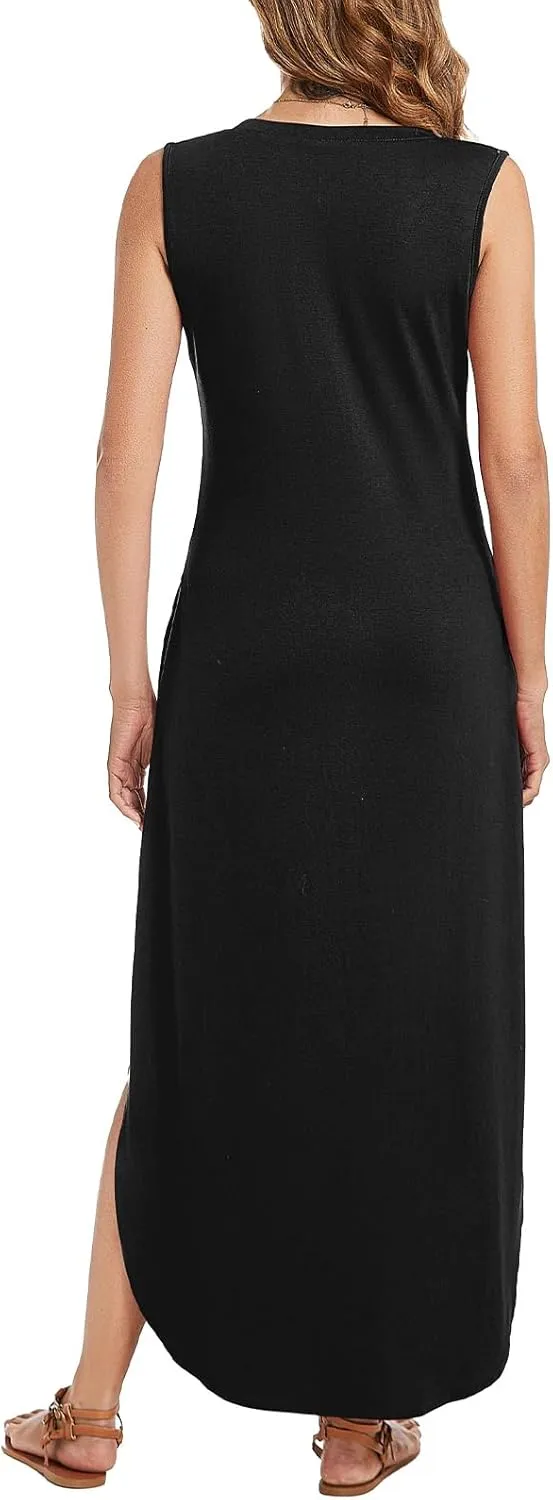 Arolina Maxi Dress for Women Tropical Summer V Neck Sleeveless Split Long Beach Dresses Casual Loose Sundress with Pockets