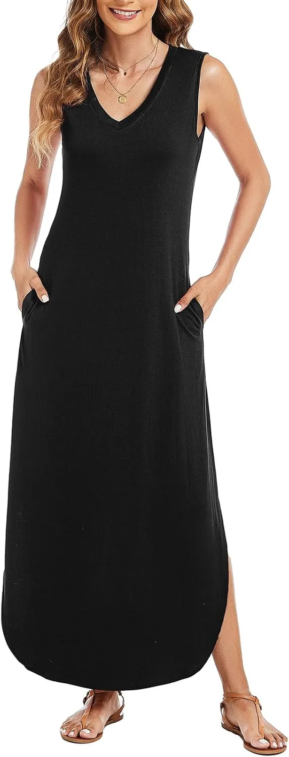 Arolina Maxi Dress for Women Tropical Summer V Neck Sleeveless Split Long Beach Dresses Casual Loose Sundress with Pockets