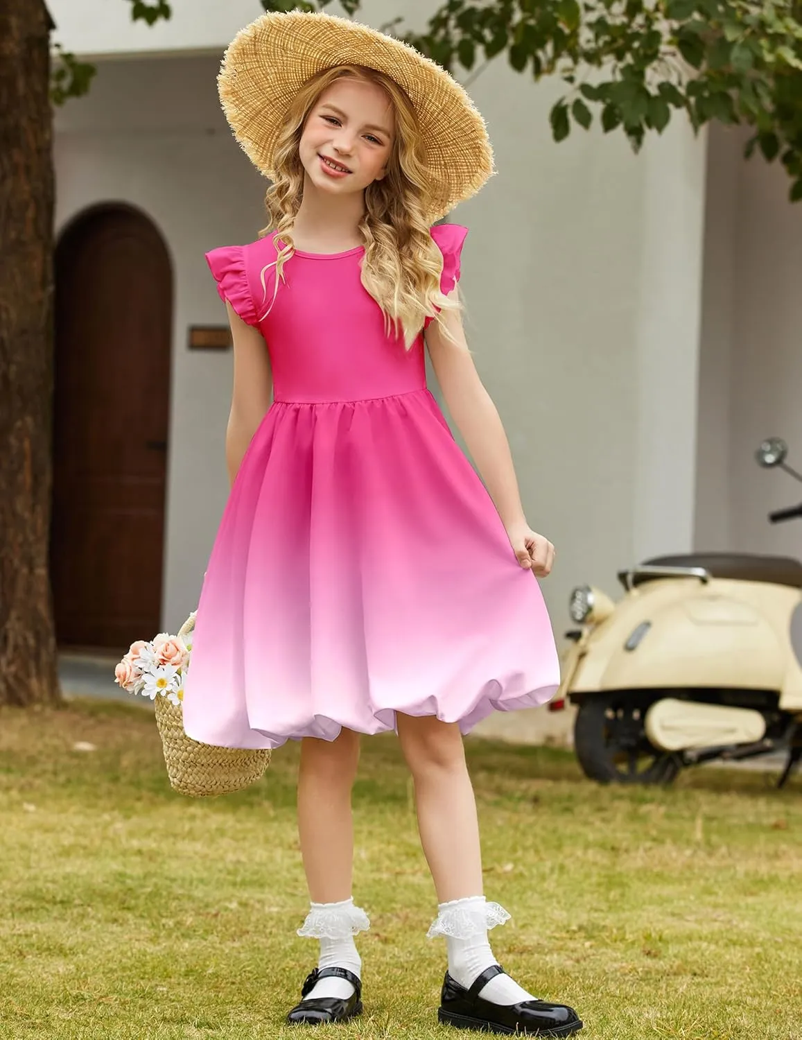Arshiner Tween Girls Summer Bubble Dress Ruffle Sleeve Casual Party Midi Dresses