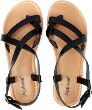 Ataiwee Women's Slide Flat Sandals - Comfortable Slip On Plait Toe Thong Strappy Spring Summer Shoes.