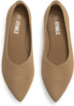 ATHMILE Pointed Toe Flats for Women Dressy Bronze Work Shoes Business Casul Knit Ballet Flats Slip on Office Ladies Comforttable Dress