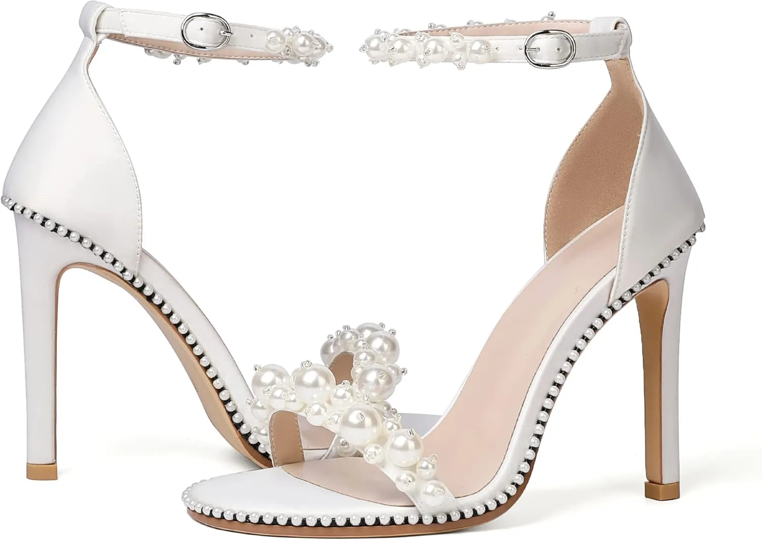 AUMOTED Women's High Heels Open Toe Pumps Stiletto Heeled Sandals Dating Beaded Pumps with Pearl Ankle Buckle Strap Bride Wedding Party Shoes 4.3 Inch