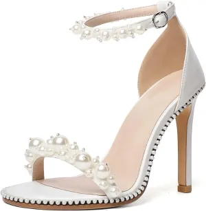 AUMOTED Women's High Heels Open Toe Pumps Stiletto Heeled Sandals Dating Beaded Pumps with Pearl Ankle Buckle Strap Bride Wedding Party Shoes 4.3 Inch