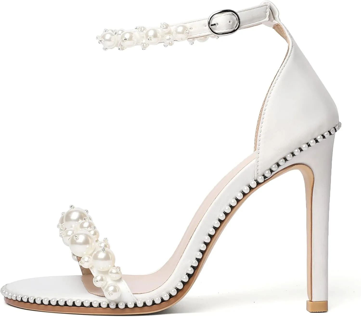 AUMOTED Women's High Heels Open Toe Pumps Stiletto Heeled Sandals Dating Beaded Pumps with Pearl Ankle Buckle Strap Bride Wedding Party Shoes 4.3 Inch