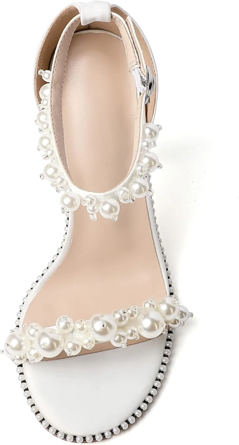 AUMOTED Women's High Heels Open Toe Pumps Stiletto Heeled Sandals Dating Beaded Pumps with Pearl Ankle Buckle Strap Bride Wedding Party Shoes 4.3 Inch