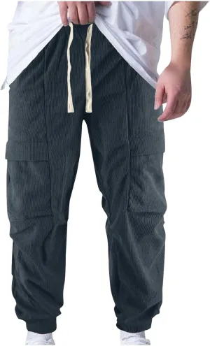 Aymnlox Mens Casual Tapered Cargo Pants Corduroy Solid Vintage Trousers with Multi Pockets Fashion Pants Outdoor Jogger Pants
