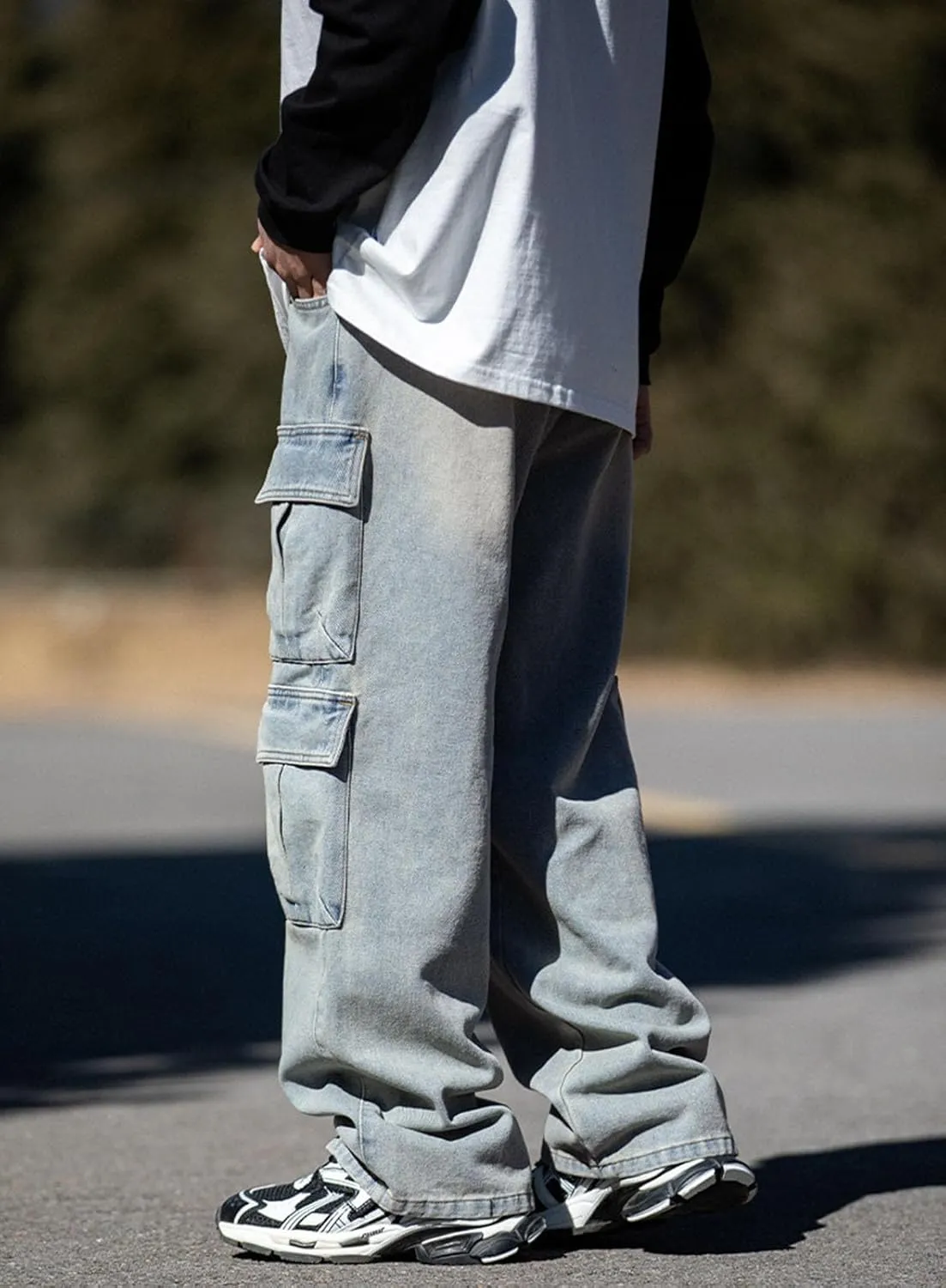 Baggy Cargo Jeans Men Teen Boys Casual Loose Jeans Flap Pockets Y2k Denim Pants 90s Hip Hop Streetwear