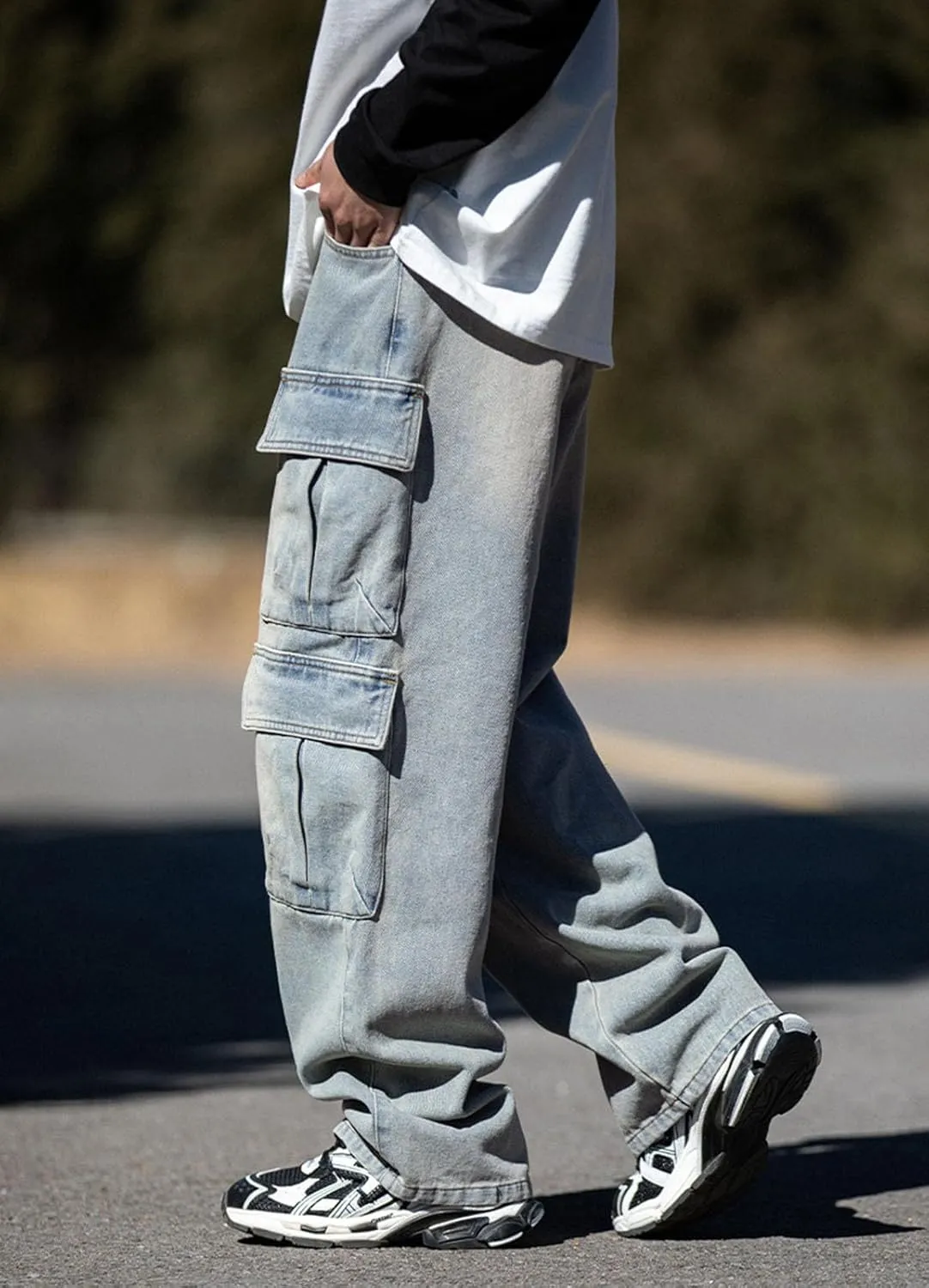Baggy Cargo Jeans Men Teen Boys Casual Loose Jeans Flap Pockets Y2k Denim Pants 90s Hip Hop Streetwear