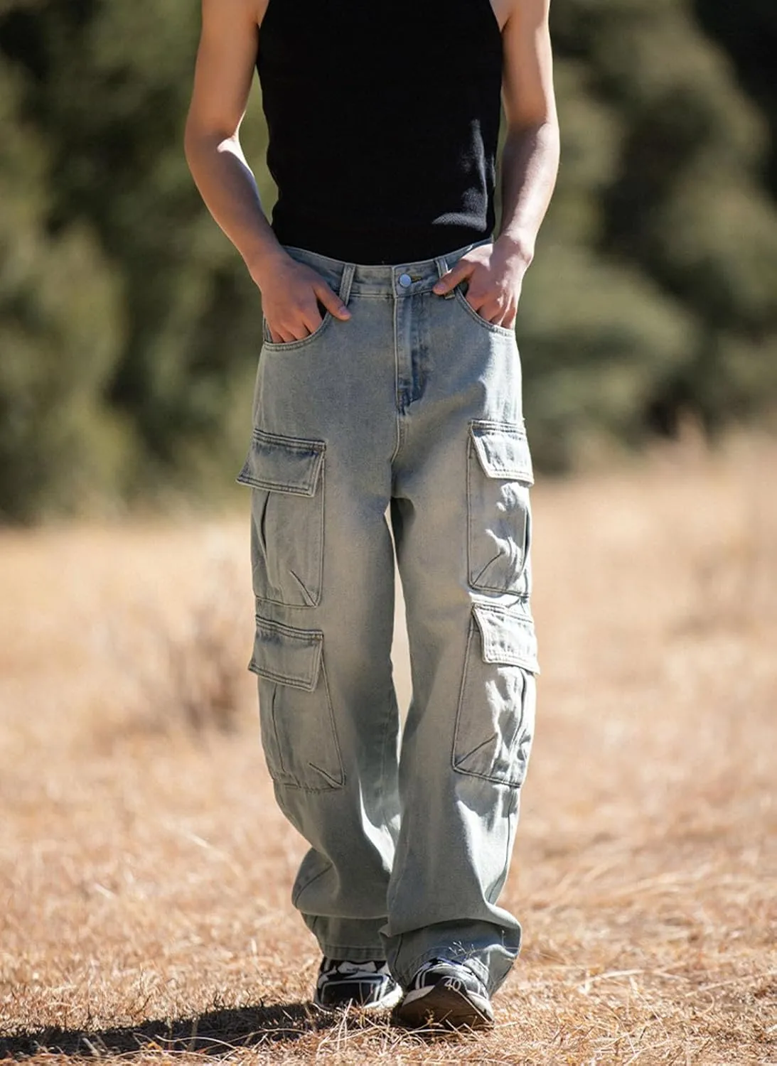 Baggy Cargo Jeans Men Teen Boys Casual Loose Jeans Flap Pockets Y2k Denim Pants 90s Hip Hop Streetwear